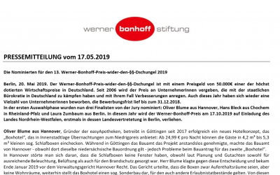 2019/05/20 Werner-Bonhoff-Stiftung Pressemitteilung – Die Nominierten für den 13. Werner-Bonhoff-Preis-wider-den-§§-Dschungel 2019