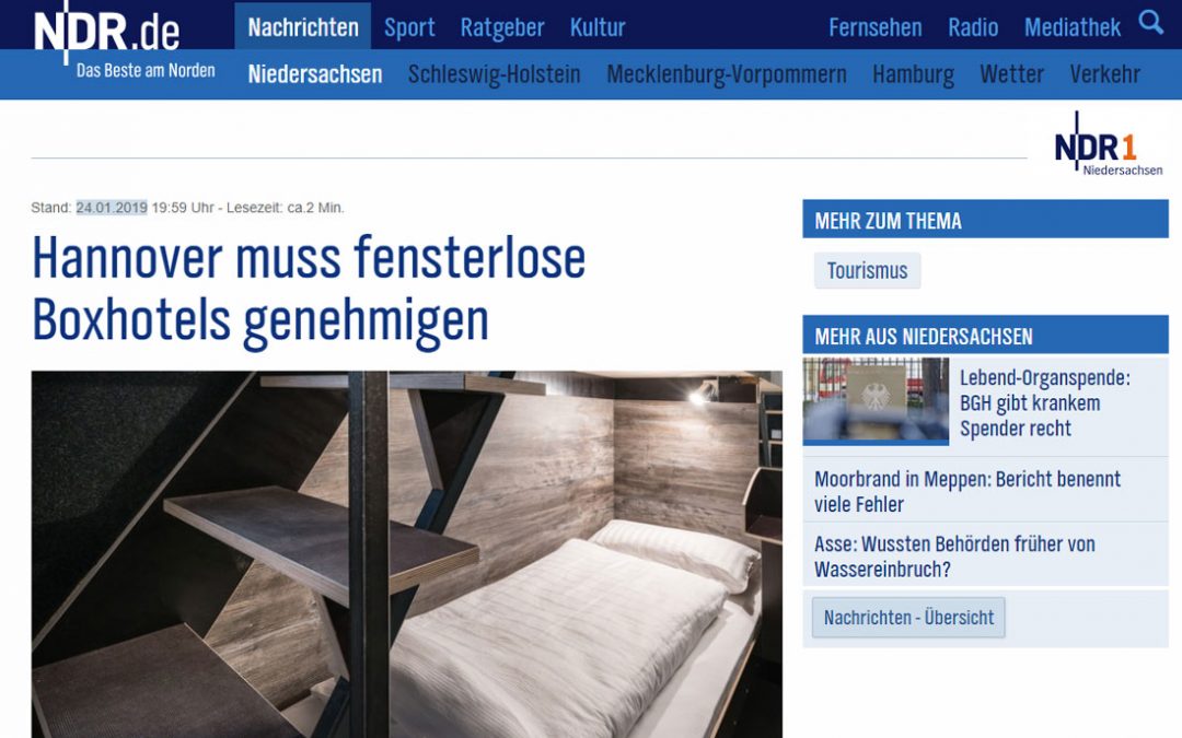 2019/01/24 NDR.de – Hannover muss fensterlose BoxHotels genehmigen