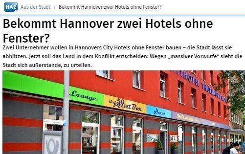 2018/09/04 Hannoversche Allgemeine – Bekommt Hannover zwei Hotels ohne Fenster?