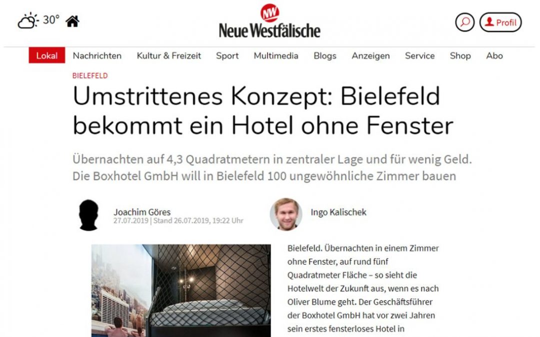 2019/07/27 Neue Westfälische – Umstritten: In Bielefeld soll es bald ein neues Hotel ohne Fenster geben