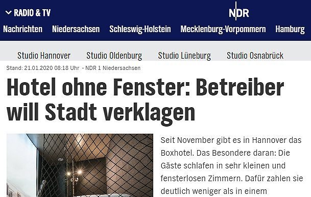 2020/01/21 NDR1 Niedersachsen – Hotel ohne Fenster: Betreiber will Stadt verklagen