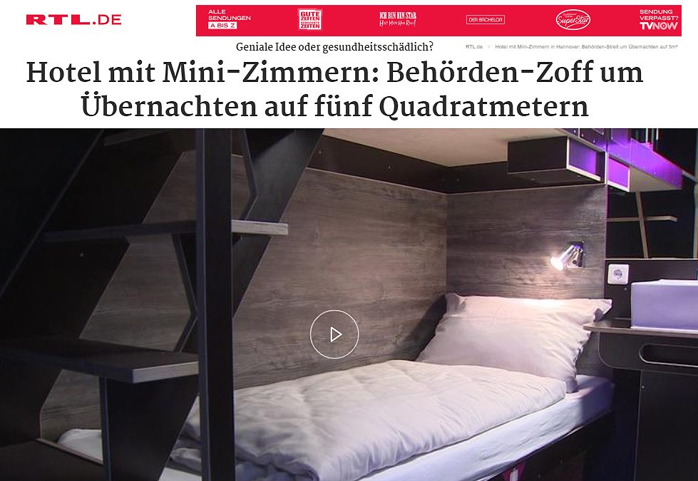 2020/01/27 RTL.de – Hotel mit Mini-Zimmern: Behörden-Zoff um Übernachten auf fünf Quadratmetern